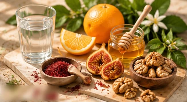 لیوان آب، پرتقال و قاچهایش، شیشه عسل با قاشق چوبی، انجیر تازه نصفشده، کاسه زعفران، گردو و شکوفه پرتقال، روی تخته سنگی روشن.
