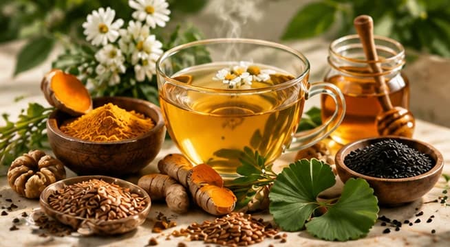 فنجان شیشهای دمنوش با گل بابونه، شیشه عسل، زردچوبه تازه و پودرشده، گردو، سیاهدانه، تخم کتان و برگهای تازه، روی سنگ روشن.